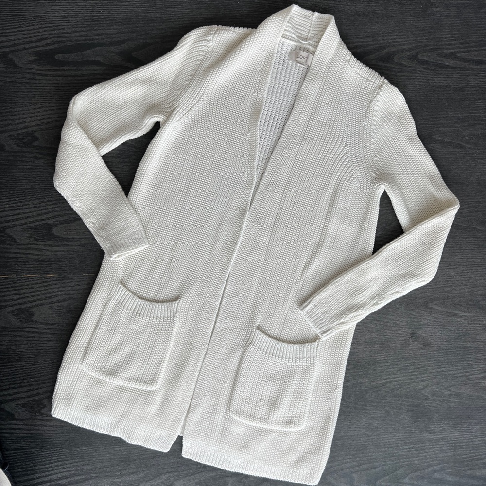 LOFT White Long Knit Cardigan Sweater (XS)